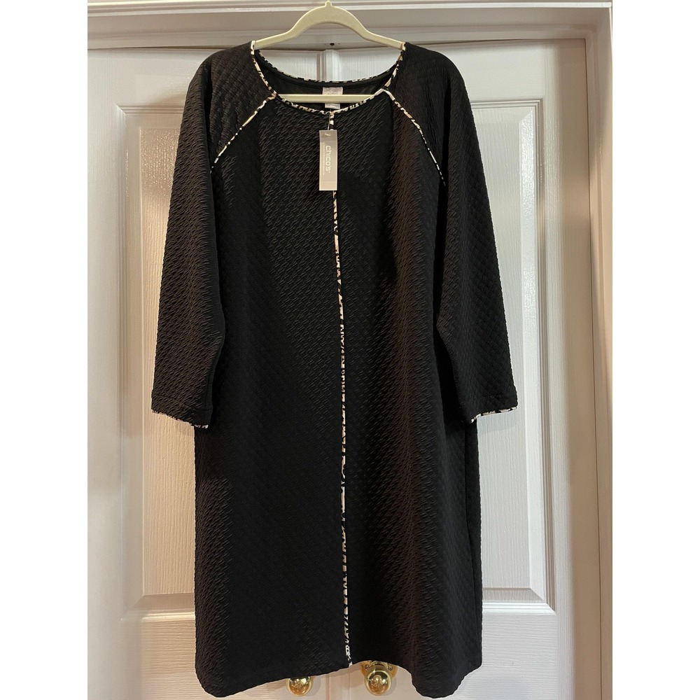 Chico's Dress Womens 3 Plus Black Textured Knit Shift 3/4 Sleeve Cheetah Trim